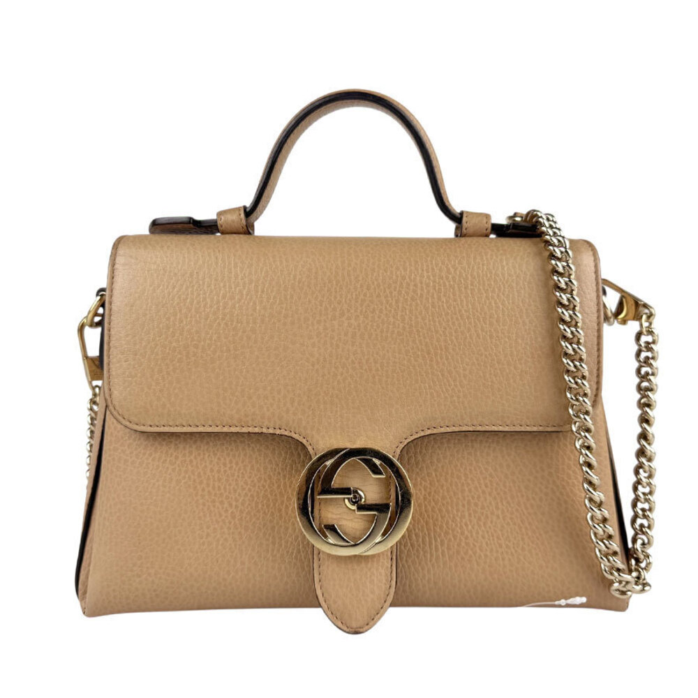 Gucci Interlocking GG Leather Metal 2Way Shoulder Bag Beige Gold